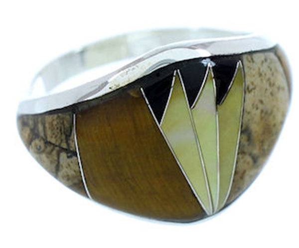 Tiger Eye Inlay Southwest Multicolor Silver Ring Size 7-3/4 AW73132